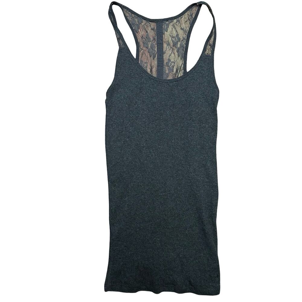 Y2K American Eagle Ribbed Knit Lace Racerback Tank Top Womens Small Gray Indie